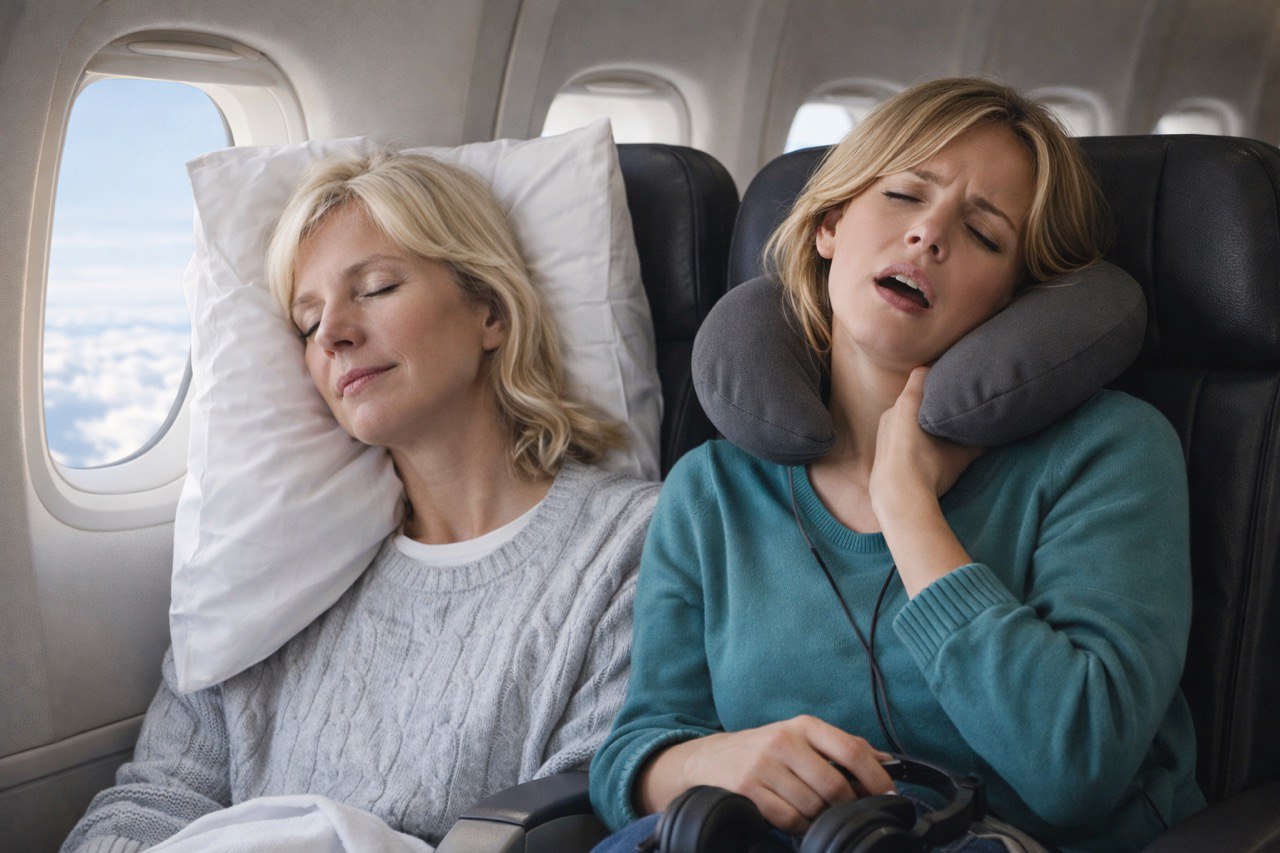 Illustrative comparison of a rectangular travel pillow beside a U-shaped neck pillow on a plane