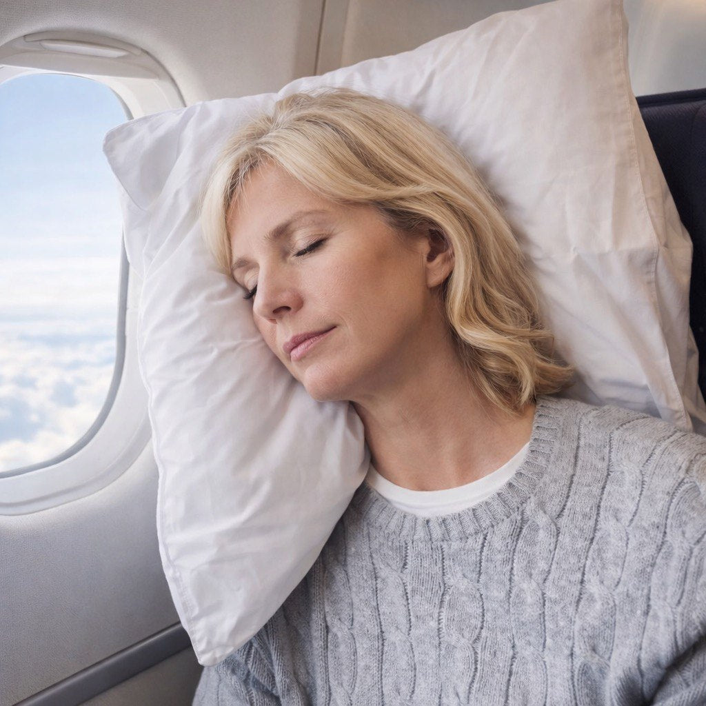 Illustrative plane window-seat setup using a real rectangular travel pillow as a soft surface to lean into